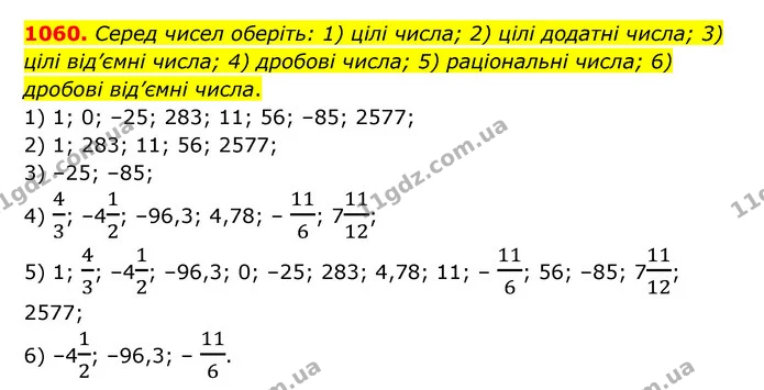 1060. Серед чисел оберіть: 1) цілі числа; 2) цілі додатні числа; 3) цілі від’ємні числа; 4) дробові числа; 5) раціональні числа; 6) — ГДЗ Математика 6 клас Тарасенкова 2023 1-2 ч.
