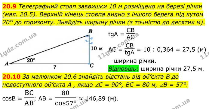 20.9 Телеграфний стовп заввишки 10 м розміщено на березі річки (мал. 20.5). Верхній кінець стовпа видно з іншого берега під кутом 20° — ГДЗ Геометрія 8 клас Істер