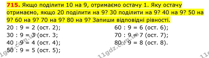 715. Якщо поділити 10 на 9, отримаємо остачу 1. Яку остачу отримаємо, якщо 20 поділити на 9? 30 поділити на 9? 40 на 9? 50 на 9? 60 на — ГДЗ Математика 3 клас Будна 1-2 ч.