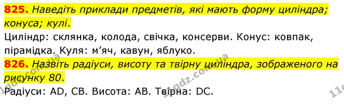 825. Наведіть приклади предметів, які мають форму циліндра; конуса; кулі. — ГДЗ Математика 6 клас Кравчук 2023
