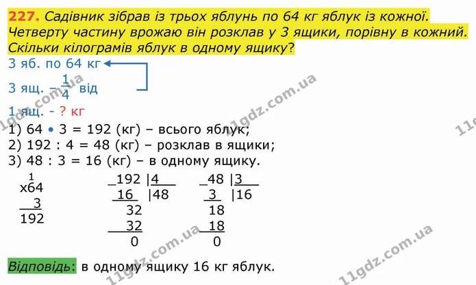 227. Садівник зібрав із трьох яблунь по 64 кг яблук із кожної. Четверту частину врожаю він розклав у 3 ящики, порівну в кожний. Скільки — ГДЗ Математика 4 клас Оляницька