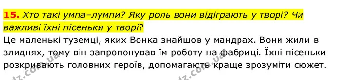 15. Хто такі умпа–лумпи? Яку роль вони відіграють у творі? Чи важливі їхні пісеньки у творі? — ГДЗ Зарубіжна література 5 клас Ковбасенко 2022