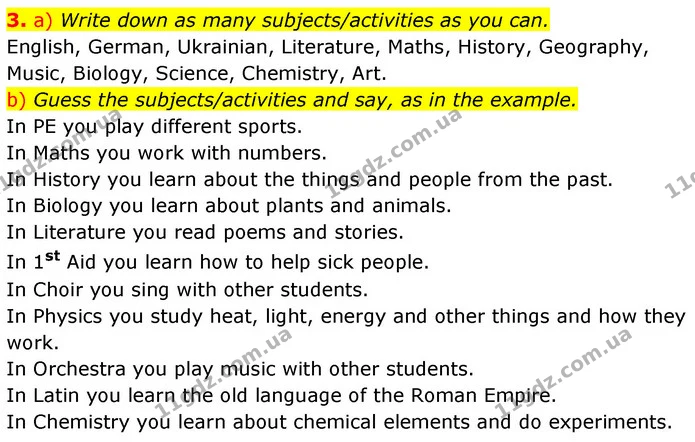 3. a) Write down as many subjects/activities as you can. — ГДЗ Англійська мова 6 клас Карпюк 2023