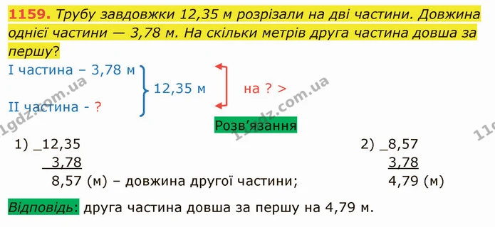 1159. Трубу завдовжки 12,35 м розрізали на дві частини. Довжина однієї частини — 3,78 м. На скільки метрів друга частина довша за — ГДЗ Математика 5 клас Тарасенкова 2022