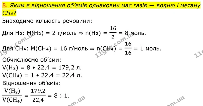 8. Яким є відношення об’ємів однакових мас газів — водню і метану CH₄? — ГДЗ Хімія 8 клас Попель