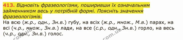 413. Відновіть фразеологізми, поширивши їх означальним займенником весь у потрібній формі. Поясніть значення фразеологізмів. — ГДЗ Українська мова 6 клас Заболотний 2019