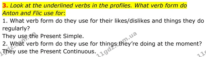 3. Look at the underlined verbs in the profiles. What verb form do Anton and Flic use for: — ГДЗ Англійська мова 8 клас Стайрінг (Prepare)