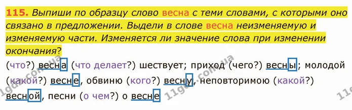 115. Выпиши по образцу слово весна с теми словами, с которыми оно связано в предложении. Выдели в слове весна неизменяемую и изменяемую — ГДЗ Русский язык и чтение 3 класс Лапшина