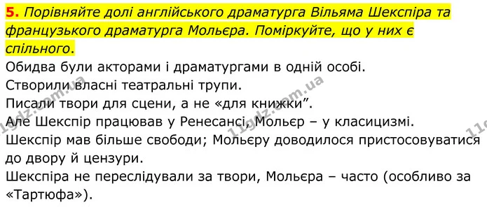 5. Порівняйте долі англійського драматурга Вільяма Шекспіра та французького драматурга Мольєра. Поміркуйте, що у них є спільного. — ГДЗ Зарубіжна література 8 клас Міляновська