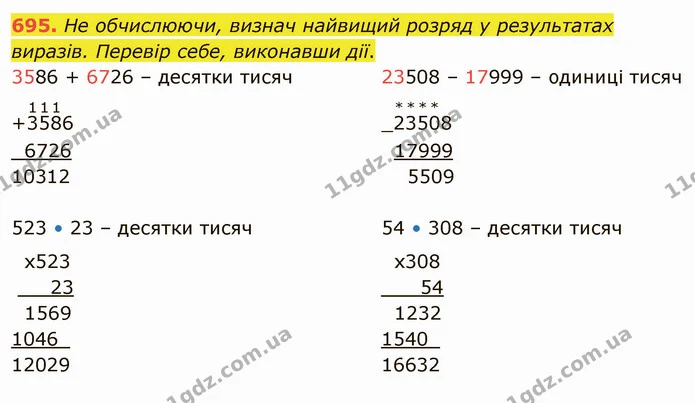 695. Не обчислюючи, визнач найвищий розряд у результатах виразів. Перевір себе, виконавши дії. — ГДЗ Математика 4 клас Лишенко 1-2 ч.