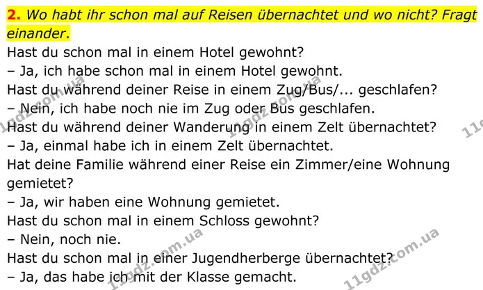 2. Wo habt ihr schon mal auf Reisen übernachtet und wo nicht? Fragt einander. — ГДЗ Німецька мова 8 клас Сотникова (2025) 4 рік