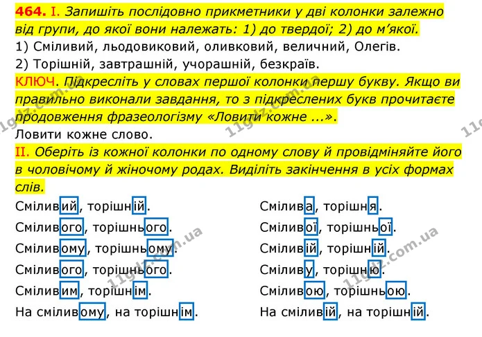 464. І. Запишіть послідовно прикметники у дві колонки залежно від групи, до якої вони належать: 1) до твердої; 2) до м’якої. — ГДЗ Українська мова 6 клас Заболотний 2023