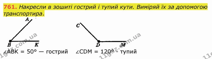761. Накресли в зошиті гострий і тупий кути. Виміряй їх за допомогою транспортира. — ГДЗ Математика 5 клас Істер 2022