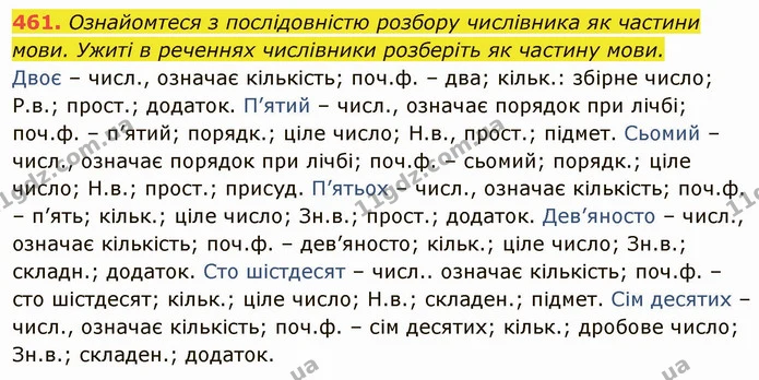 461. Ознайомтеся з послідовністю розбору числівника як частини мови. Ужиті в реченнях числівники розберіть як частину мови. — ГДЗ Українська мова 6 клас Глазова