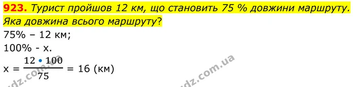 923. Турист пройшов 12 км, що становить 75 % довжини маршруту. Яка довжина всього маршруту? — ГДЗ Алгебра 7 клас Тарасенкова 2024