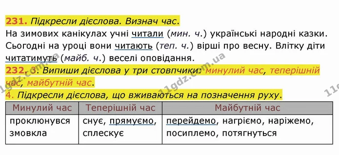231. Підкресли дієслова. Визнач час. — ГДЗ Українська мова та читання 4 клас Коваленко