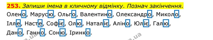 253. Запиши імена в кличному відмінку. Познач закінчення. — ГДЗ Українська мова 6 клас Онатій
