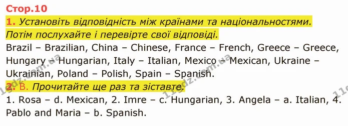 1. Установіть відповідність між країнами та національностями. — ГДЗ Англійська мова 5 клас Мітчелл