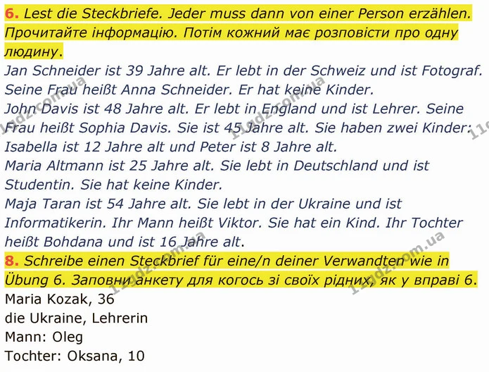 6. Lest die Steckbriefe. Jeder muss dann von einer Person erzählen. Прочитайте інформацію. Потім кожний має розповісти про одну людину. — ГДЗ Німецька мова 5 клас Сотникова (1 рік)