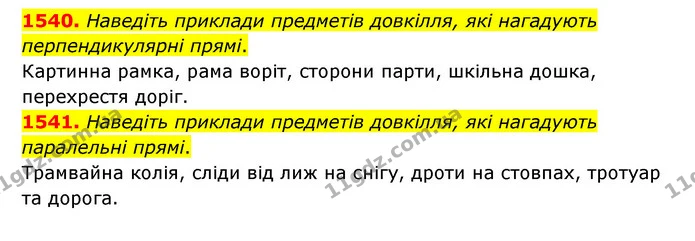1540. Наведіть приклади предметів довкілля, які нагадують перпендикулярні прямі. — ГДЗ Математика 6 клас Тарасенкова 2023 1-2 ч.