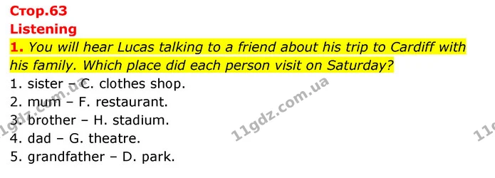 1. You will hear Lucas talking to a friend about his trip to Cardiff with his family. Which place did each person visit on Saturday? — ГДЗ робочий зошит Англійська мова 6 клас Prepare