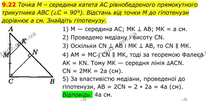 9.22 Точка M – середина катета AC рівнобедреного прямокутного — ГДЗ Геометрія 8 клас Істер