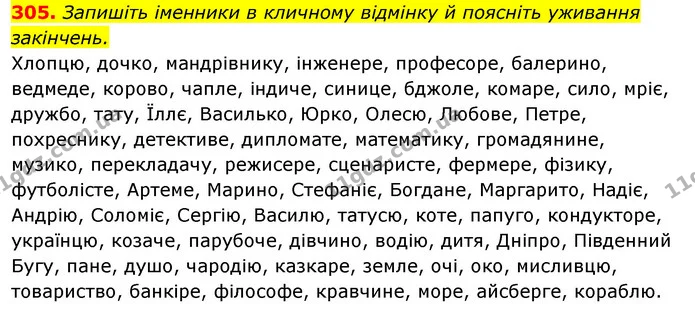 305. Запишіть іменники в кличному відмінку й поясніть уживання закінчень. — ГДЗ Відповіді Українська мова 6 клас Єрмоленко