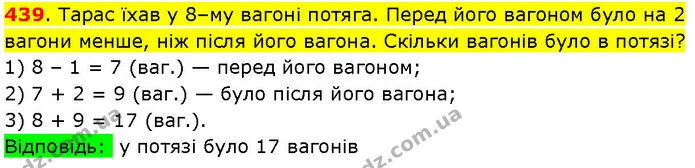 439. Тарас їхав у 8–му вагоні потяга. Перед його вагоном було на 2 вагони менше, ніж після його вагона. Скільки вагонів було в потязі? — ГДЗ Математика 3 клас Козак 1-2 ч.