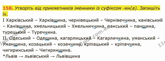 158. Утворіть від прикметників іменники із суфіксом -ин(а). Запишіть їх. — ГДЗ Українська мова 6 клас Глазова