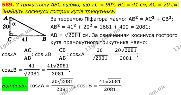 589. У трикутнику ABC відомо, що ∠C = 90°, BC = 41 см, AC = 20 см. — ГДЗ Геометрія 8 клас Мерзляк