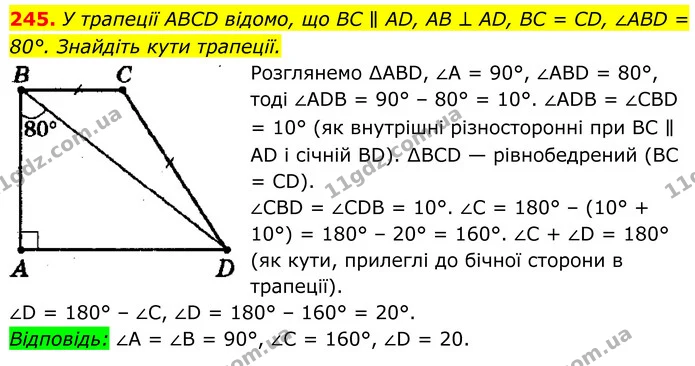 245. У трапеції ABCD відомо, що BC ∥ AD, AB ⊥ AD, BC = CD, ∠ABD = 80°. Знайдіть кути трапеції. — ГДЗ Геометрія 8 клас Мерзляк