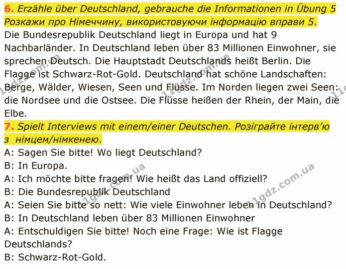 6. Erzähle über Deutschland, gebrauche die Informationen in Übung 5 Розкажи про Німеччину, використовуючи інформацію вправи 5. — ГДЗ Німецька мова 5 клас Сотникова (1 рік)