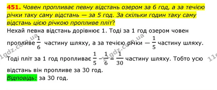 451. Човен пропливає певну відстань озером за 6 год, а за течією річки таку саму відстань — за 5 год. За скільки годин таку саму — ГДЗ Математика 6 клас Мерзляк 2023 1-2 ч.