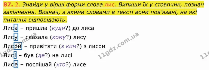 87. 2. Знайди у вірші форми слова лис. Випиши їх у стовпчик, познач закінчення. Визнач, з якими словами в тексті вони пов’язані, на які — ГДЗ Українська мова та читання 4 клас Коваленко
