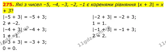275. Які з чисел –5, –4, –3, –2, –1 є коренями рівняння |x + 3| = x + 3? — ГДЗ Математика 6 клас Бевз 1-2 ч.