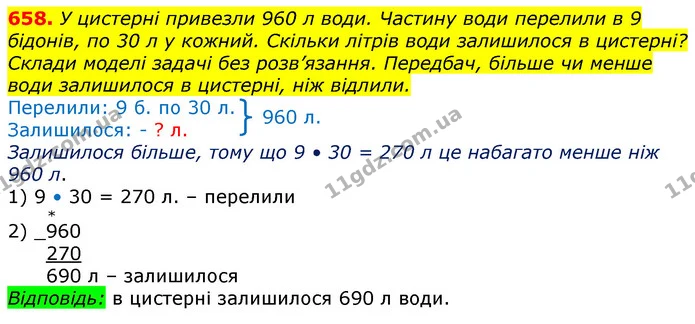 658. У цистерні привезли 960 л води. Частину води перелили в 9 бідонів, по 30 л у кожний. Скільки літрів води залишилося в цистерні? — ГДЗ Математика 3 клас Лишенко (1, 2 частина)