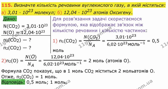 115. Визначте кількість речовини вуглекислого газу, в якій містяться: а) 3,01 · 1023 молекул; б) 12,04 · 1023 атомів Оксигену. — ГДЗ Хімія 8 клас Попель