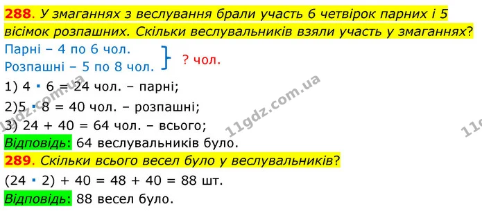 288. У змаганнях з веслування брали участь 6 четвірок парних і 5 вісімок розпашних. Скільки веслувальників взяли участь у змаганнях? — ГДЗ Математика 3 клас Бевз 1 частина