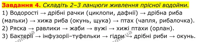 4. Складіть 2–3 ланцюги живлення прісної водойми. — ГДЗ Робочий зошит Біологія 7 клас Мирна 2024