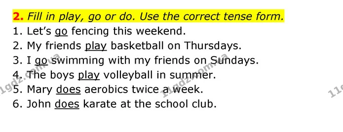 2. Fill in play, go or do. Use the correct tense form. — ГДЗ Робочий зошит Англійська мова 6 клас Карпюк
