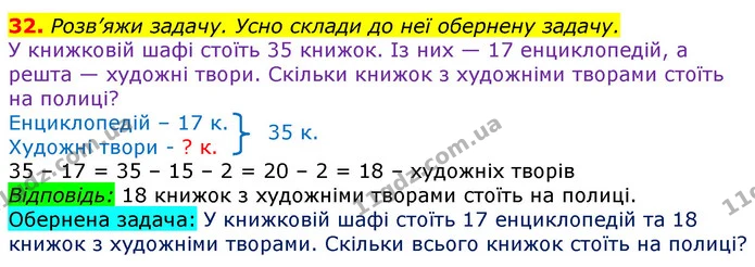 32. Розв’яжи задачу. Усно склади до неї обернену задачу. — ГДЗ Математика 3 клас Листопад 1-2 ч.