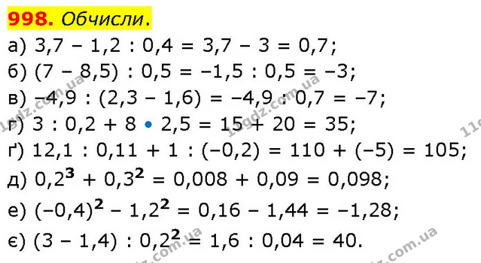 998. Обчисли. — ГДЗ Математика 6 клас Бевз 1-2 ч.