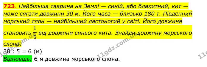 723. Найбільша тварина на Землі — синій, або блакитний, кит — може сягати довжини 30 м. Його маса — близько 180 т. Південний морський — ГДЗ Математика 3 клас Бевз 2 частина