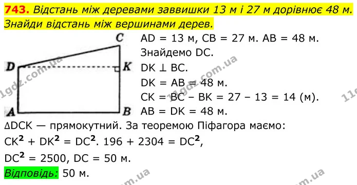 743. Відстань між деревами заввишки 13 м і 27 м дорівнює 48 м. Знайди відстань між вершинами дерев. — ГДЗ Геометрія 8 клас Бевз