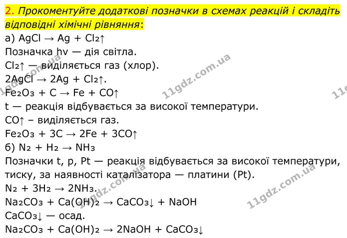 2. Прокоментуйте додаткові позначки в схемах реакцій і складіть відповідні хімічні рівняння: — ГДЗ Хімія 8 клас Попель
