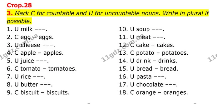 3. Mark C for countable and U for uncountable nouns. Write in plural if possible. — ГДЗ Робочий зошит Англійська мова 5 клас Косован (Дж. Коста)
