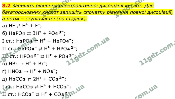 8.2 Запишіть рівняння електролітичної дисоціації кислот. Для багатоосновних кислот запишіть спочатку рівняння повної дисоціації, а — ГДЗ робочий зошит хімія 9 клас Григорович