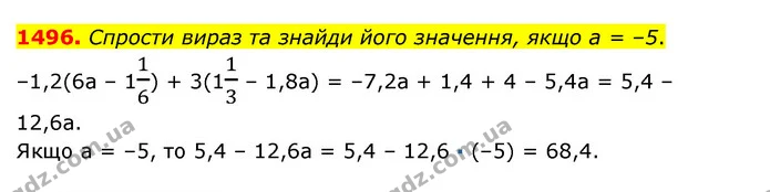 1496. Спрости вираз та знайди його значення, якщо а = –5. — ГДЗ Математика 6 клас Істер 2023 1-2 ч.