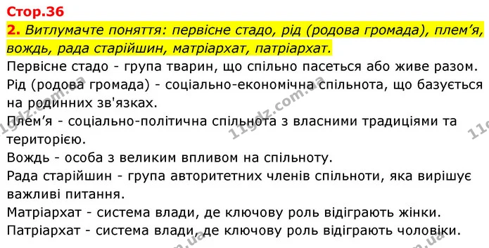 2. Витлумачте поняття: первісне стадо, рід (родова громада), плем’я, вождь, рада старійшин, матріархат, патріархат. — ГДЗ Історія України Всесвітня історія 6 клас Бандровський