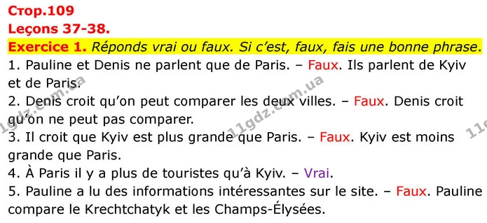 Exercice 1. Réponds vrai ou faux. Si c’est, faux, fais une bonne phrase. — ГДЗ Французька мова 7 клас Чумак